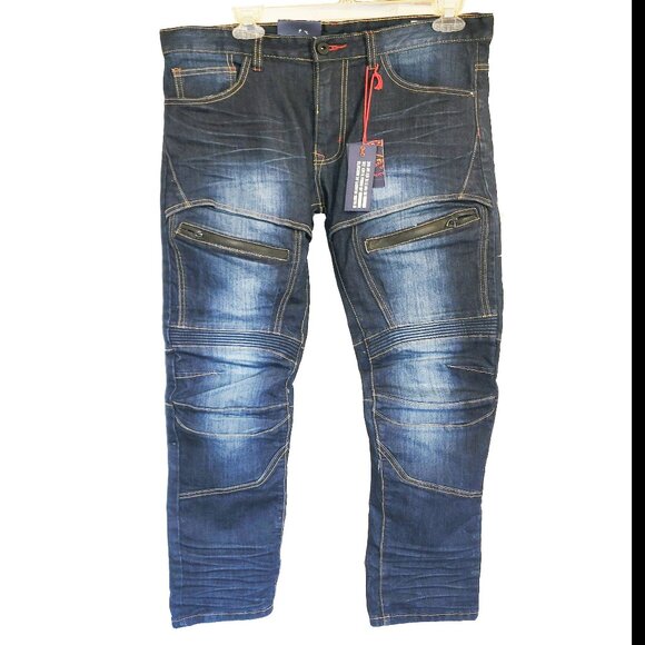 Smoke Rise Jeans Men 34x32 Blue Slim Fit Moto Biker Zipper Distressed Grunge NWT - Picture 1 of 6